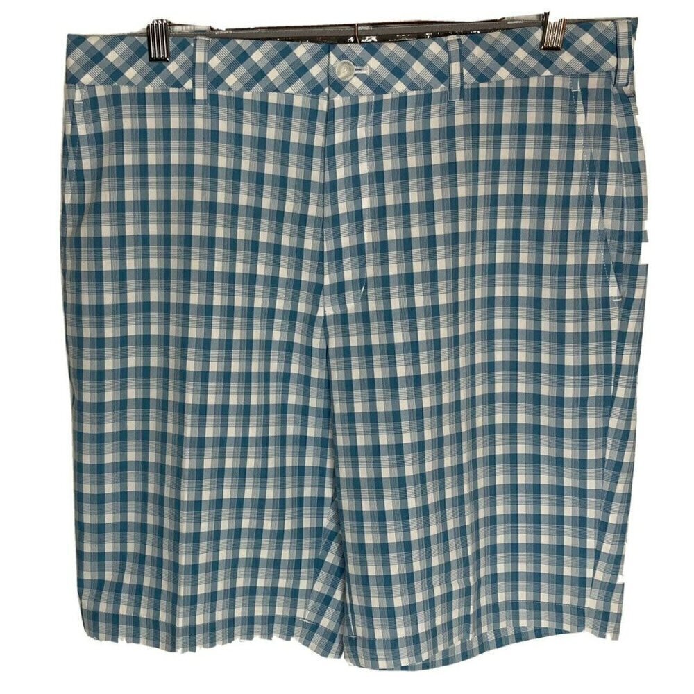 Walter Hagen 11 Majors Men’s Blue White Plaid Flat Front Golf Shorts-34